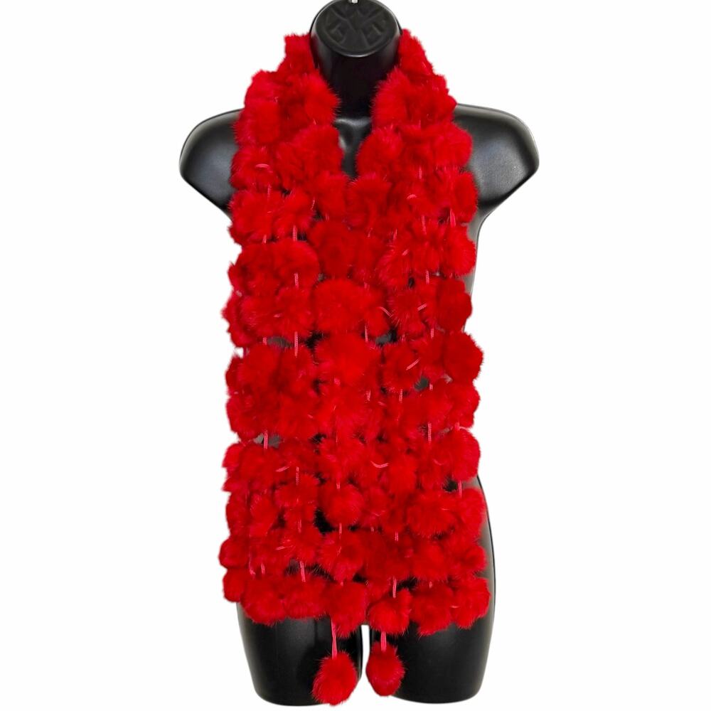 VTG Y2K Genuine Real Rabbit Fur Pom Pom Red Scarf Coquette MobWife Winter Stole